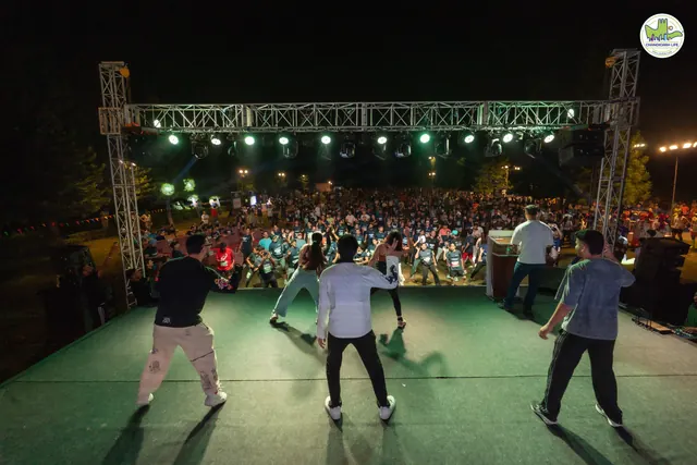 A night-time stage show with performers and a large crowd