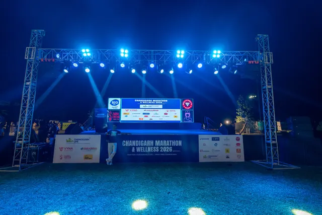 The stage lit in blue before dawn